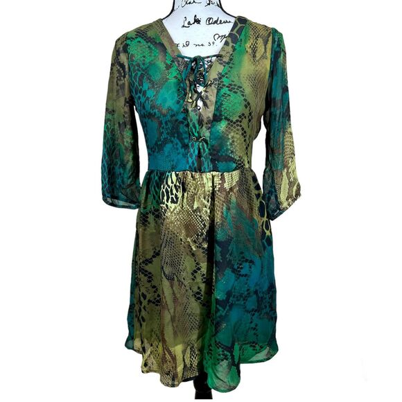 Romeo and Juliet couture green snake print colorful dress sz S boho hippie retro - Picture 1 of 16